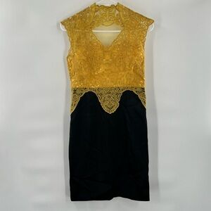 Yuzhongxiehou gold lace black dress sheath size 8